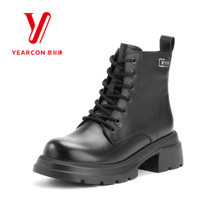 意尔康女鞋2025新款秋冬季加绒马丁靴女厚底粗高跟靴子真皮短靴女