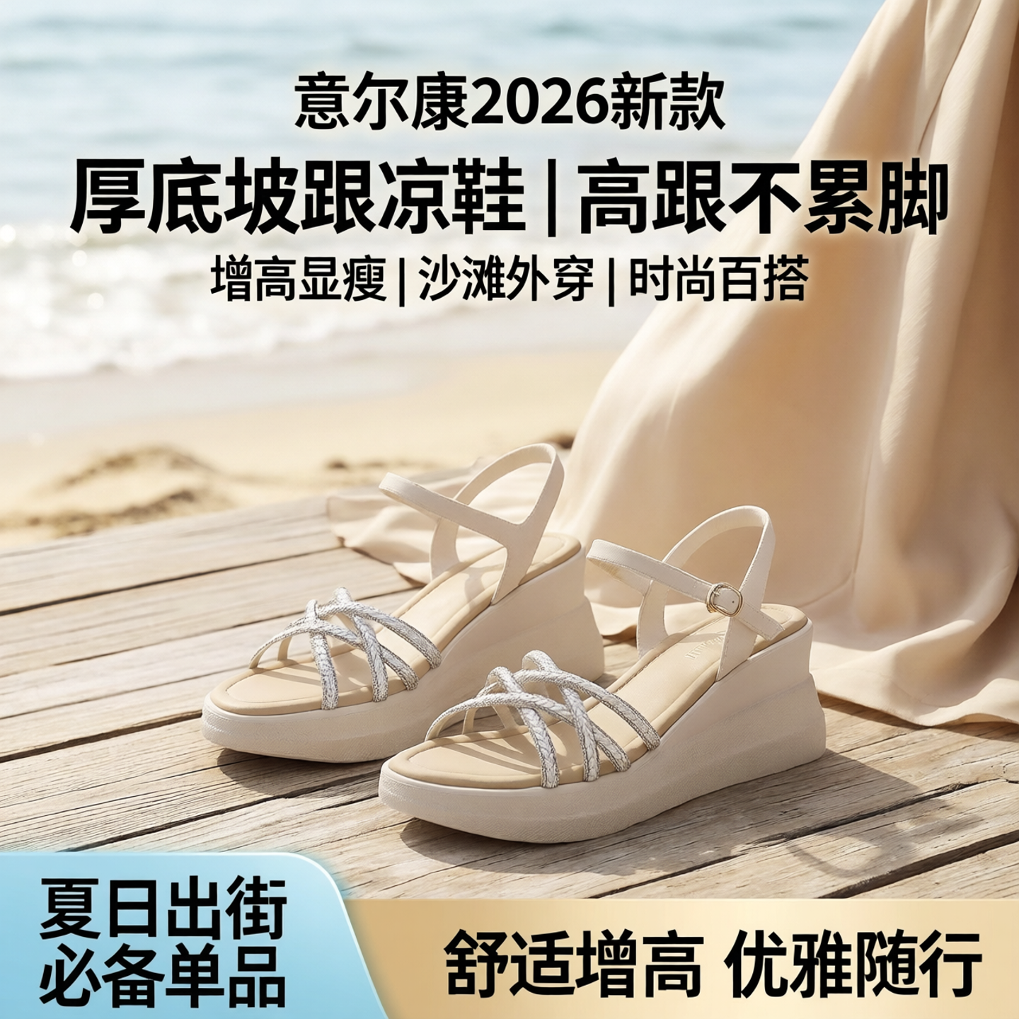 意尔康坡跟凉鞋2026新款厚底增高不累脚外穿沙滩鞋配裙子高跟凉拖