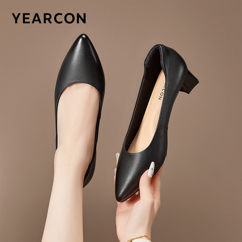 意尔康女鞋2025新款秋季真皮高跟鞋女粗跟尖头浅口单鞋软底不累脚