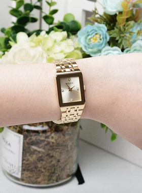 宝路华女手表Bulova Quadra时尚金色镶钻长方形钢带女腕表97P140