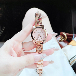 时尚 GUESS手表女款 简约气质玫瑰金钢带粉盘手链女士石英腕表