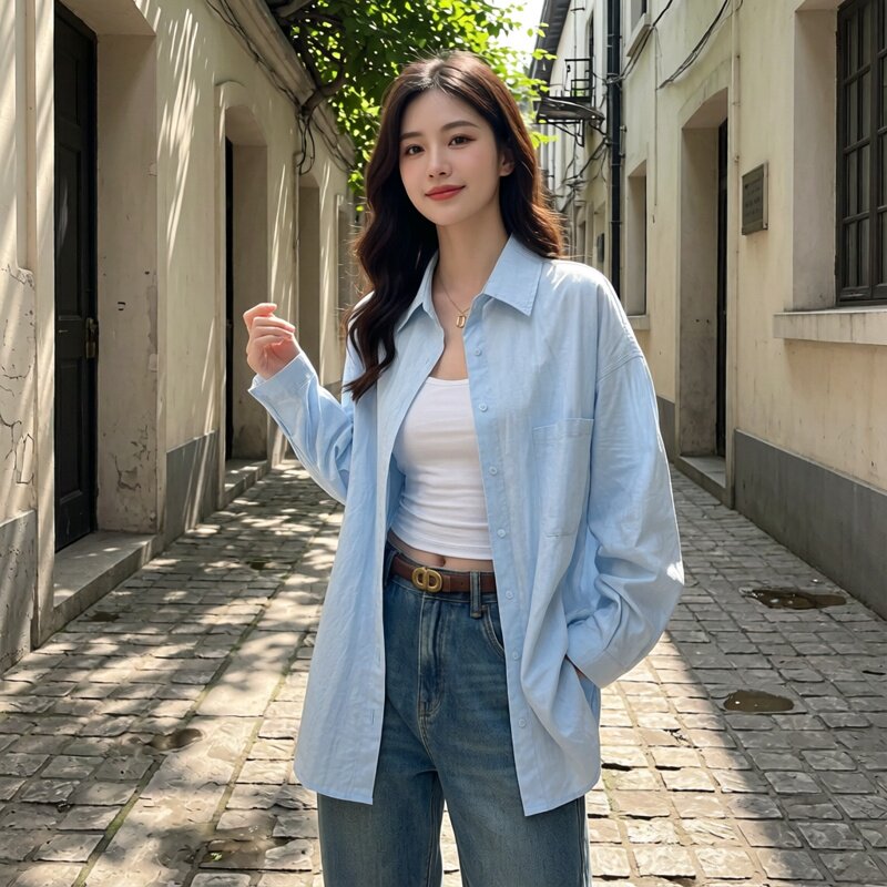 严选纯棉长袖女式衬衫夏防晒薄款时尚洋气减龄宽松外套上衣感
