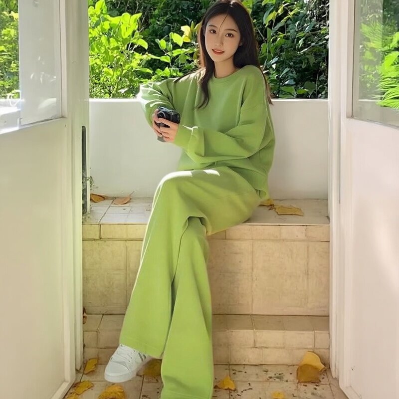 多巴胺绿色圆领卫衣套装女春季宽松阔腿裤两件套运动穿搭长裤女装