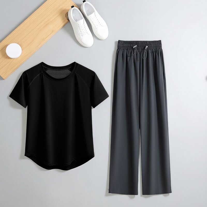 运动套装女夏季短袖宽松透气速干健身瑜伽服黑色两件套大码女装