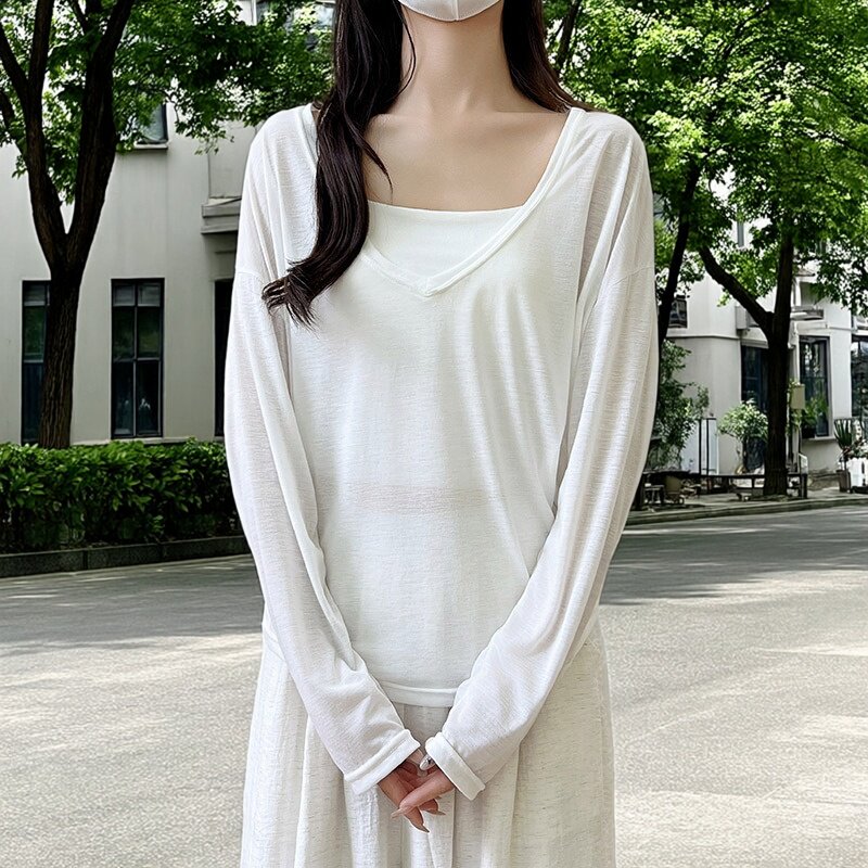 严选透气大V领防晒罩衫女夏季薄款长袖宽松慵懒风休闲外穿女士t恤