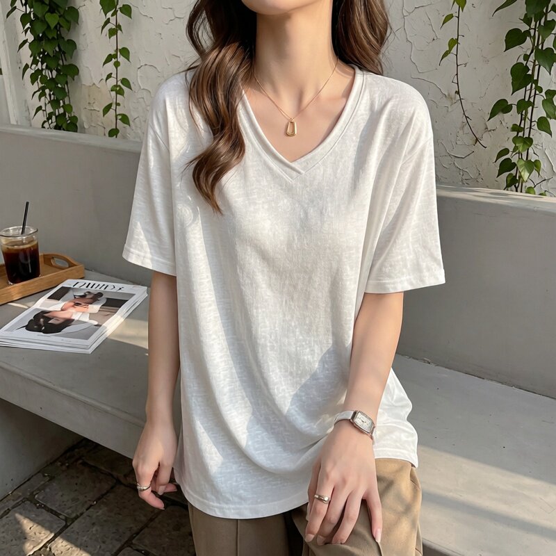 严选白色正肩短袖t恤女韩版宽松慵懒风内搭打底时尚洋气上衣