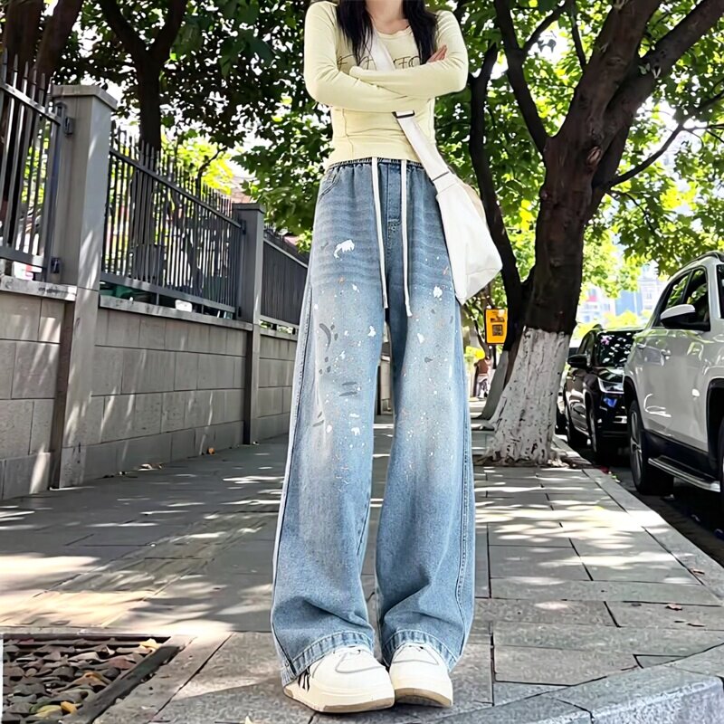 漆点水洗美式复古宽松直筒牛仔裤