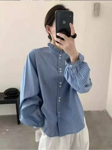 高品质花边领口加厚加绒条纹衬衫