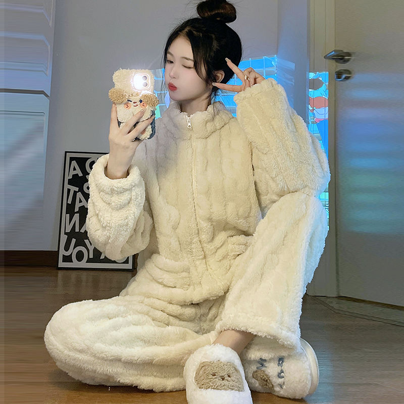 时尚立领开衫珊瑚绒睡衣女可外穿