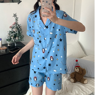 可爱卡通星星小企鹅睡衣女夏季 短袖 短裤 甜美少女云朵棉家居服套装