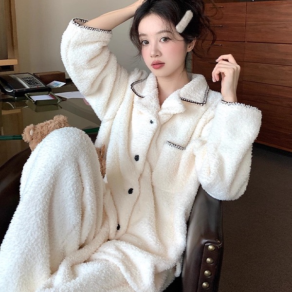 韩版小香风加厚毛绒睡衣套装女冬季新款简约撞色保暖家居服可外穿