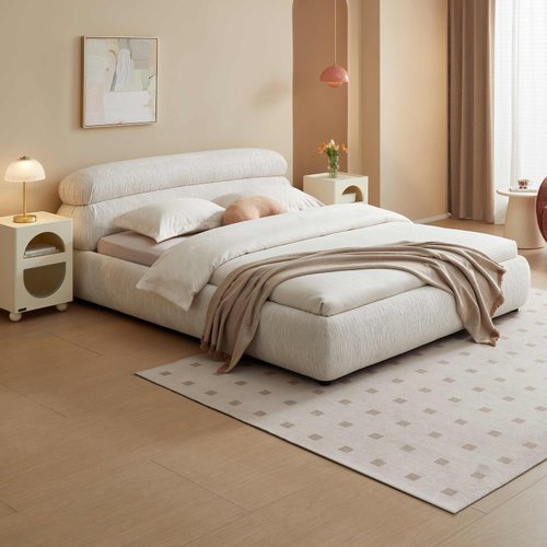 全友家居门店同款 奶油风 92326 软包褶皱雪尼尔布艺双人床1.8米