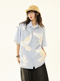 美式复古和平鸽蓝色条纹短袖衬衫女夏季小众设计感休闲宽松衬衣潮