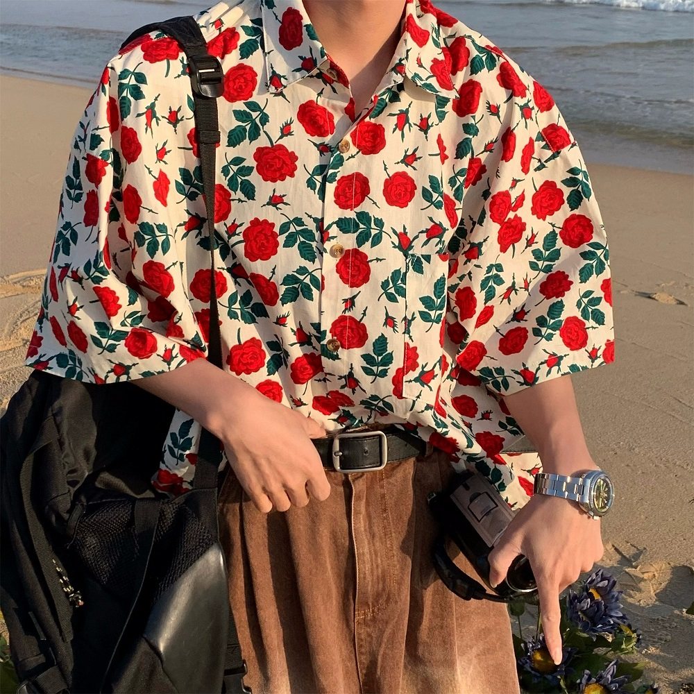 夏季港风复古碎花短袖衬衫男女夏威夷沙滩风vintage古着衬衣上衣_虎窝淘