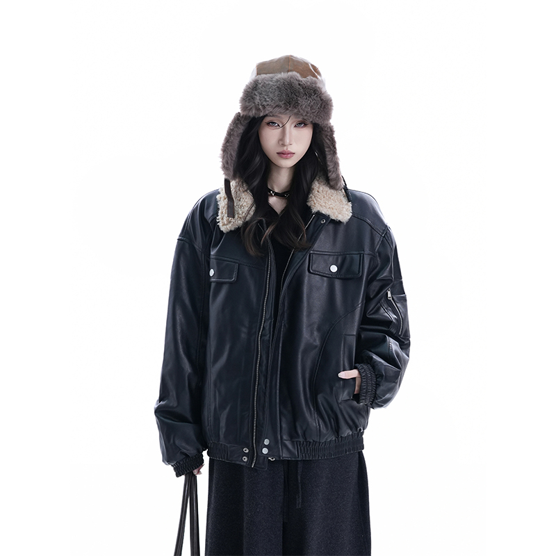 美式复古翻领毛领棉服外套女冬季