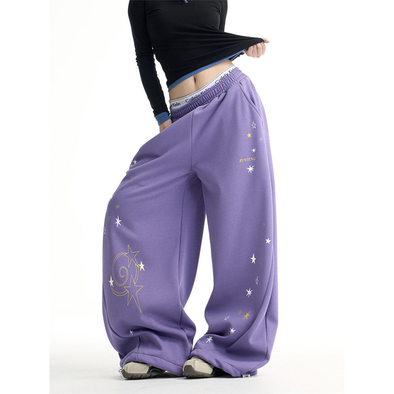 美式复古星星印花弯刀卫裤女宽松跳舞jazz运动裤子直筒拖地阔腿裤,女装/女士精品,休闲裤,淘宝优惠券,粉丝福利购,淘宝优惠卷