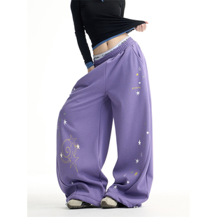 子直筒拖地阔腿裤 女宽松跳舞jazz运动裤 复古星星印花弯刀卫裤 美式