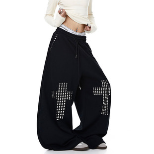 美式重工十字架铆钉抽绳卫裤女宽松高街运动爵士舞休闲阔腿裤子潮