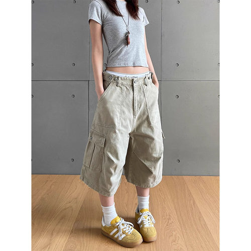 美式复古褶皱多口袋七分裤男女