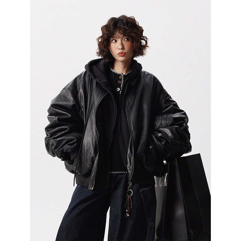 美式重磅假两件连帽皮衣外套男女宽松小众褶皱设计PU皮夹克外套潮,女装/女士精品,短外套,淘宝优惠券,粉丝福利购,淘宝优惠卷