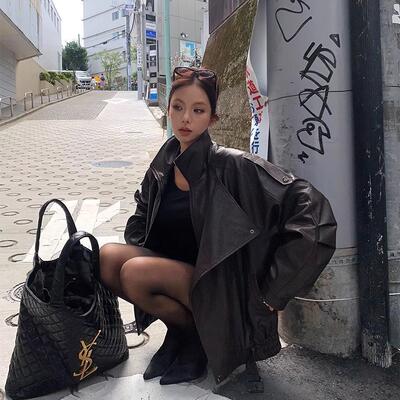 美式拽姐复古做旧工艺棕色皮衣女