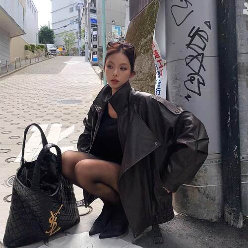 美式拽姐复古做旧工艺棕色皮衣女