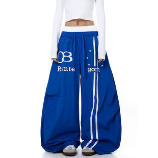 女宽松显瘦运动跳舞阔腿休闲裤 美式 复古高街褶皱双腰头弯刀伞兵裤