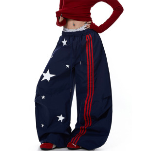 子潮 女爵士舞宽松运动休闲阔腿裤 美式 复古条纹星星褶皱弯刀伞兵裤