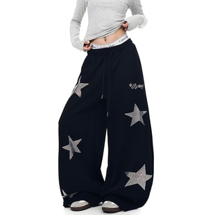潮 女街头宽松百搭爵士舞运动休闲阔腿裤 美式 复古星星烫钻弯刀卫裤