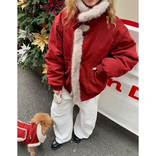 新年红色工装 加绒加厚夹克棉衣保暖棉袄外套 座山雕毛领棉服女冬季