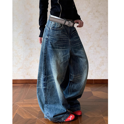 美式水洗猫须廓形弯刀牛仔裤女