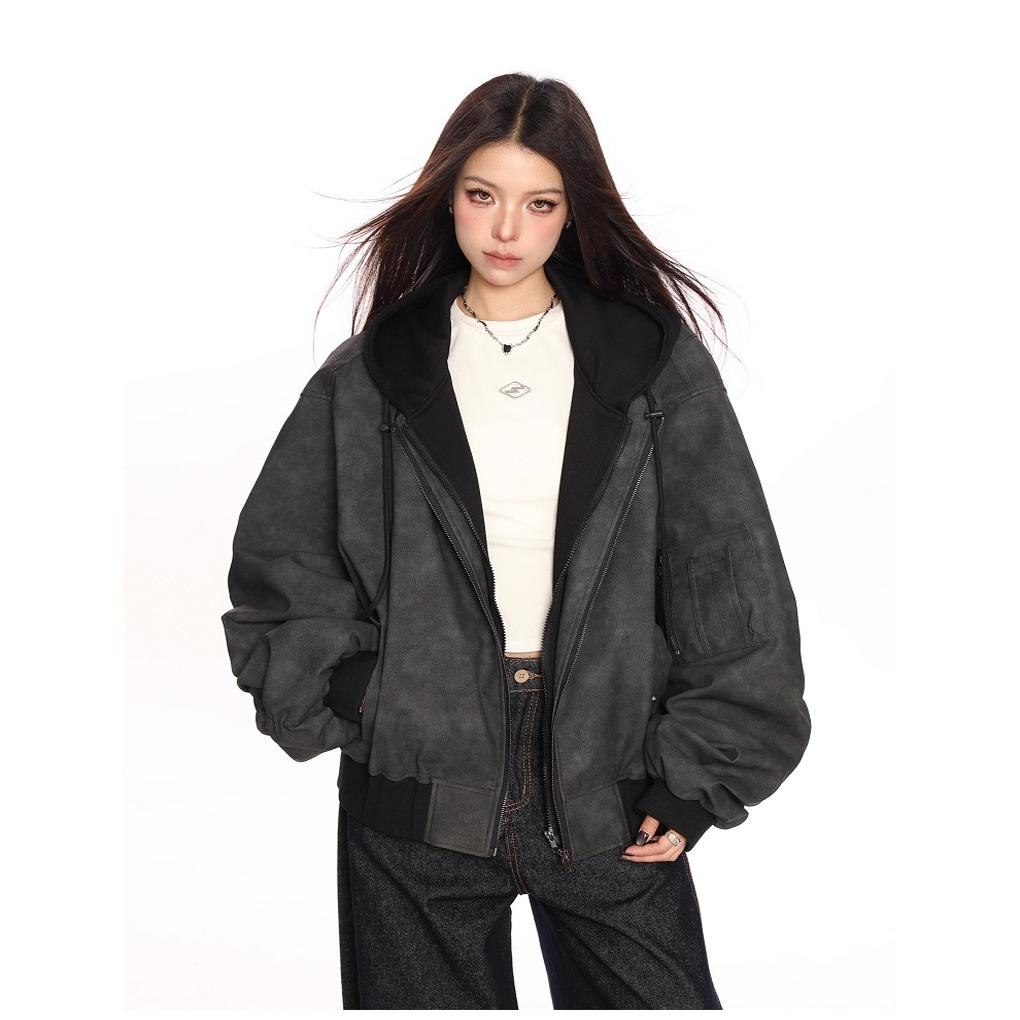 美式高街假两件连帽PU皮衣夹克