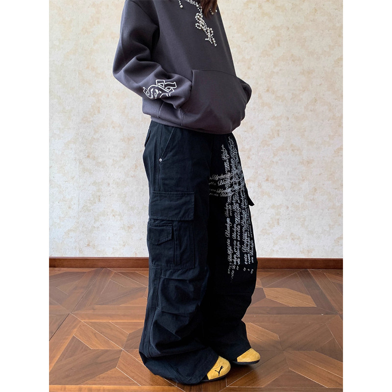 美式复古多口袋字母印花褶皱工装裤男女街头宽松直筒百搭阔腿裤子