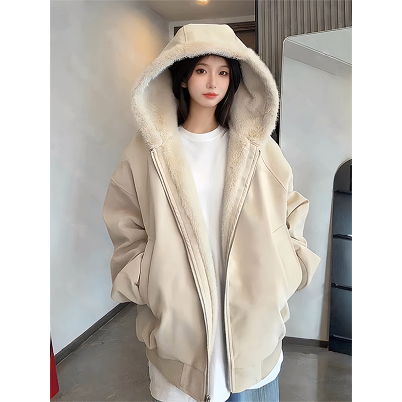 美式内里毛绒座山雕棉服外套女