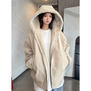 美式内里毛绒座山雕棉服外套女冬季加绒加厚皮衣夹克连帽毛领棉衣