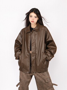 棕色皮衣外套女加绒加厚秋冬美式 高街甜酷机车pu皮夹克百搭潮ins