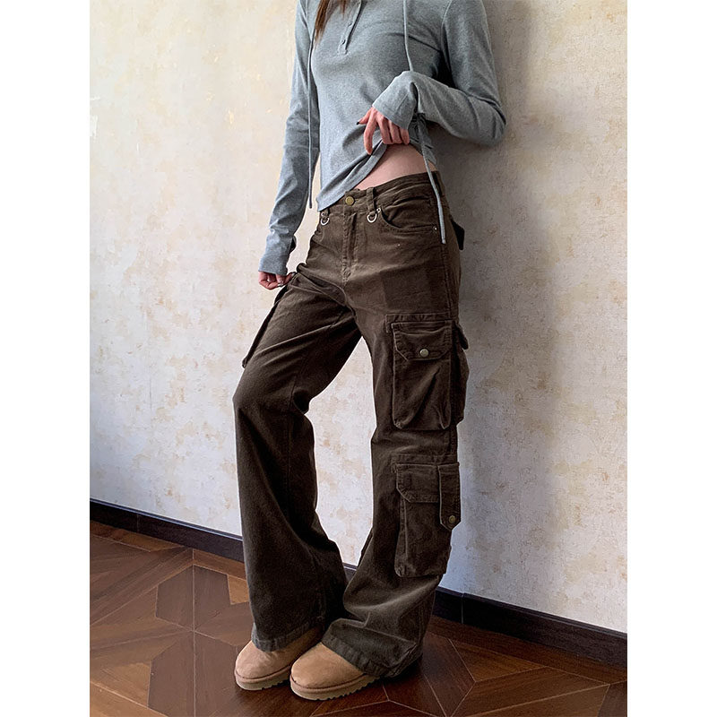 美式复古辣妹灯芯绒多口袋工装裤女高街vibe修身微喇直筒休闲长裤,女装/女士精品,休闲裤,淘宝优惠券,粉丝福利购,淘宝优惠卷