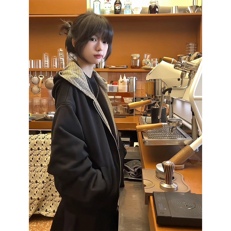 双面千鸟格单件连帽开衫卫衣