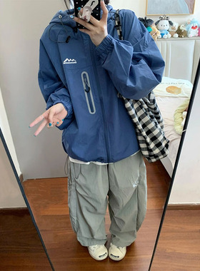 夏季蓝色UPF50防晒衣女薄款2026新款宽松连帽户外运动冲锋衣外套