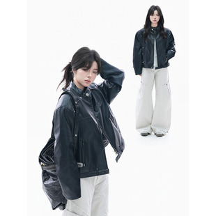 美式 外套潮 复古哈灵顿PU皮衣飞行夹克男女宽松休闲痞帅机车服短款