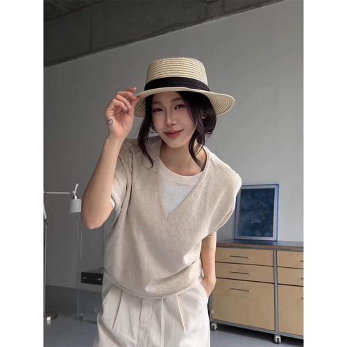 老钱风莱赛尔亚麻假两件针织短袖