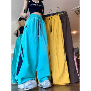 百搭美拉德运动阔腿休闲长裤 美式 女夏季 裤 街头彩色多巴胺口袋工装