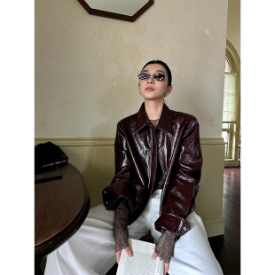 2025早秋新款 复古翻领PU皮衣外套女宽松百搭高级感气质夹克上衣潮