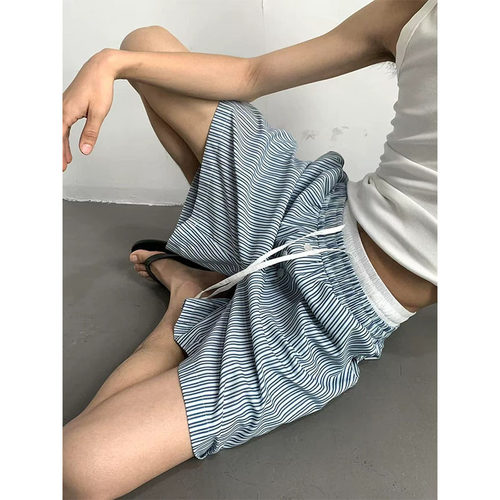 美式复古假两件条纹短裤男女夏季