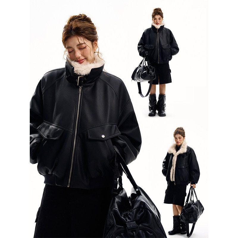 冬季加厚PU皮衣座山雕棉服外套女