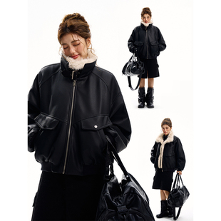 冬季加厚PU皮衣座山雕棉服外套女美式复古高级感毛领拼接夹克棉衣