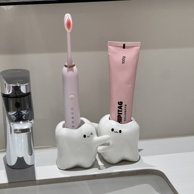 可爱牙齿陶瓷牙刷架家用卫生间高颜值情侣电动牙刷牙膏收纳架