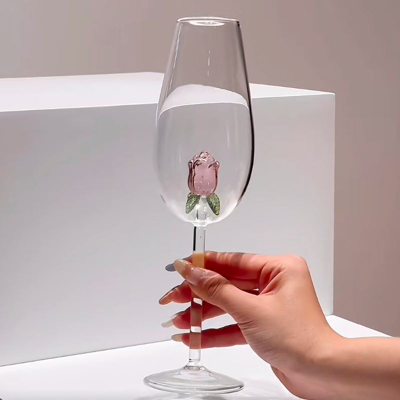 轻奢高级感立体玫瑰花红酒杯家用葡萄酒高脚杯香槟杯气泡杯礼盒