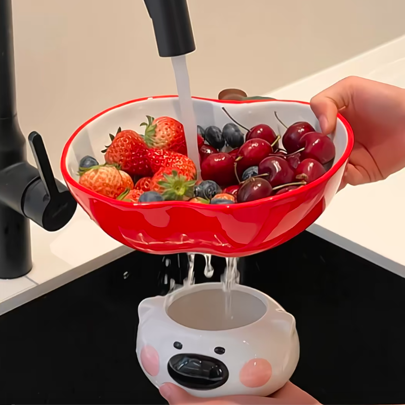 可爱苹果小熊陶瓷果盘可沥水高脚水果盘创意零食盘茶几摆件,餐饮具,果盆/果盘/果篮,淘宝优惠券,粉丝福利购,淘宝优惠卷