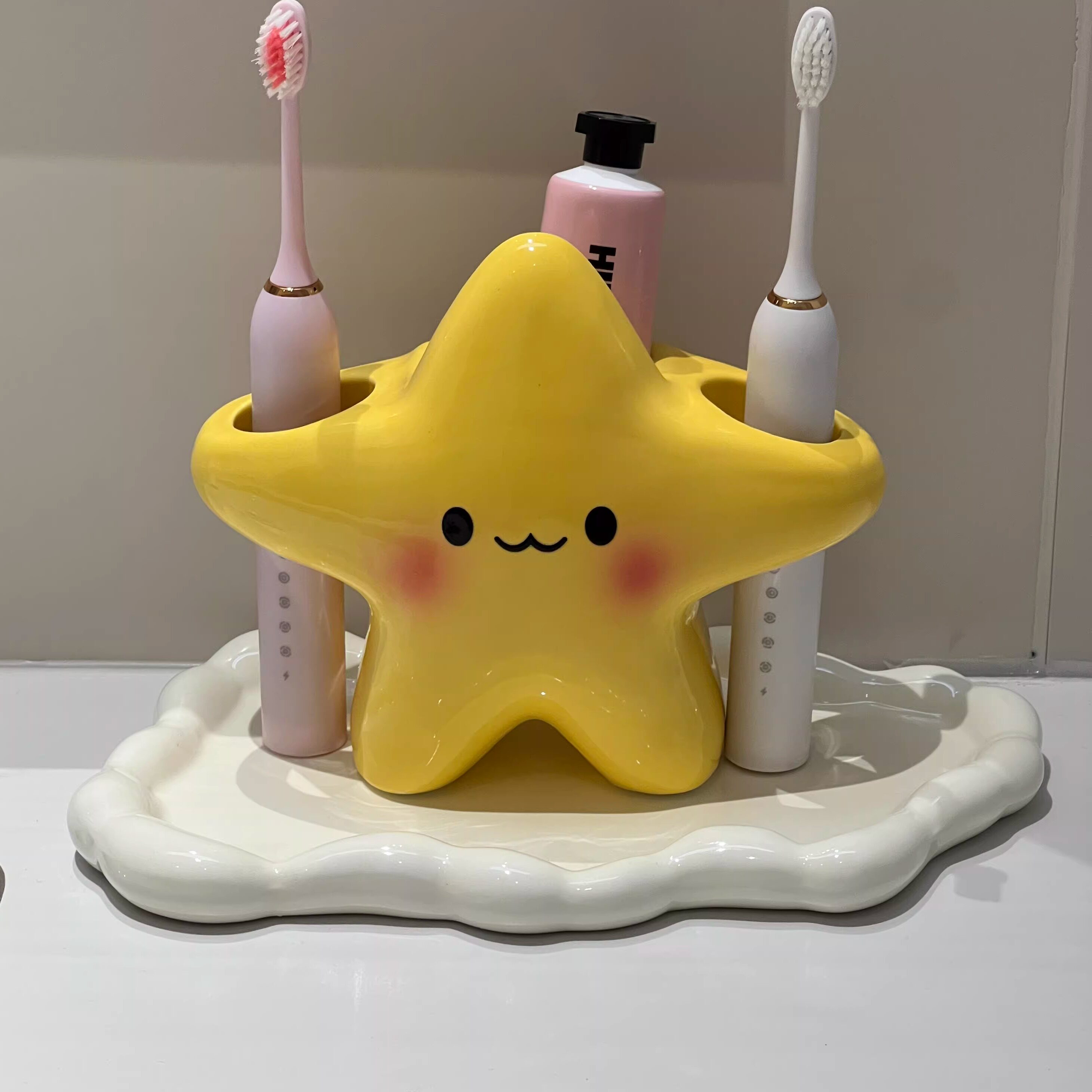 星星牙刷架卫生间家用牙具收纳筒手电动牙刷底座支架陶瓷置物架盘